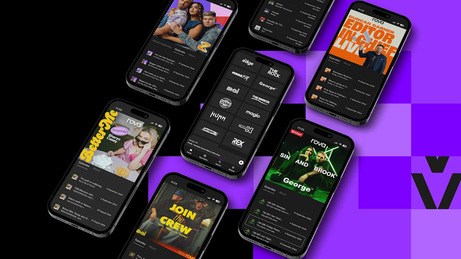 Multiple phones showing rova app