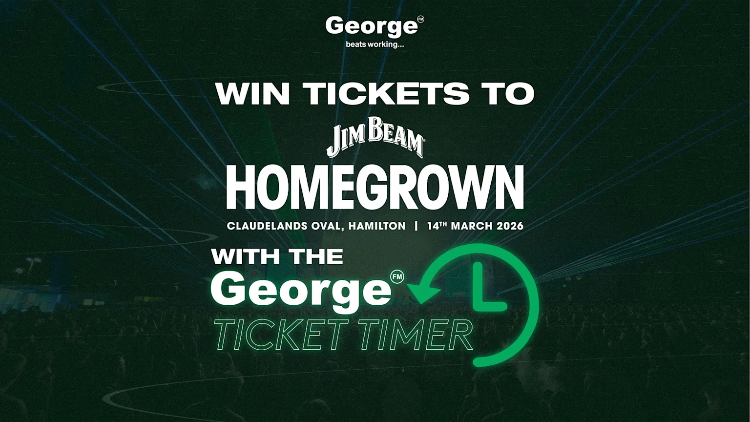 Promotional graphic for the Jim Beam Homegrown concert event on 14th March 2026 at Claudelands Oval, Hamilton. Features George FM branding with a ticket timer, laser light effects, and a blurry concert crowd backdrop.