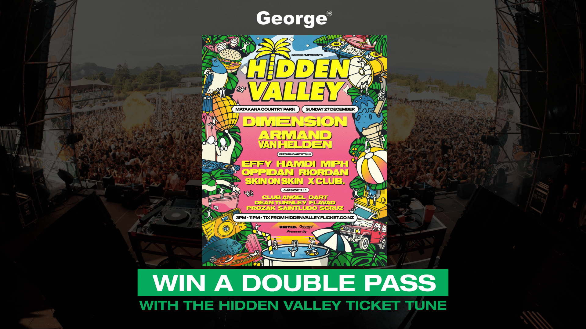 A promotional image featuring a colorful "Hidden Valley" music festival poster overlaid on a crowd and stage photo, with a green banner below offering to "Win a Double Pass."