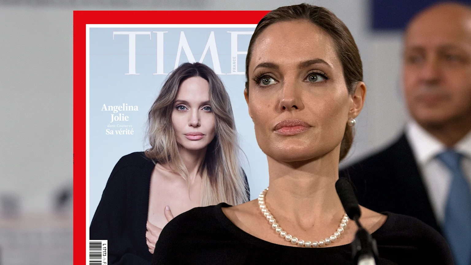 Actress Angelina Jolie poses on the cover of TIME France Magazine, next to a photo of her on stage