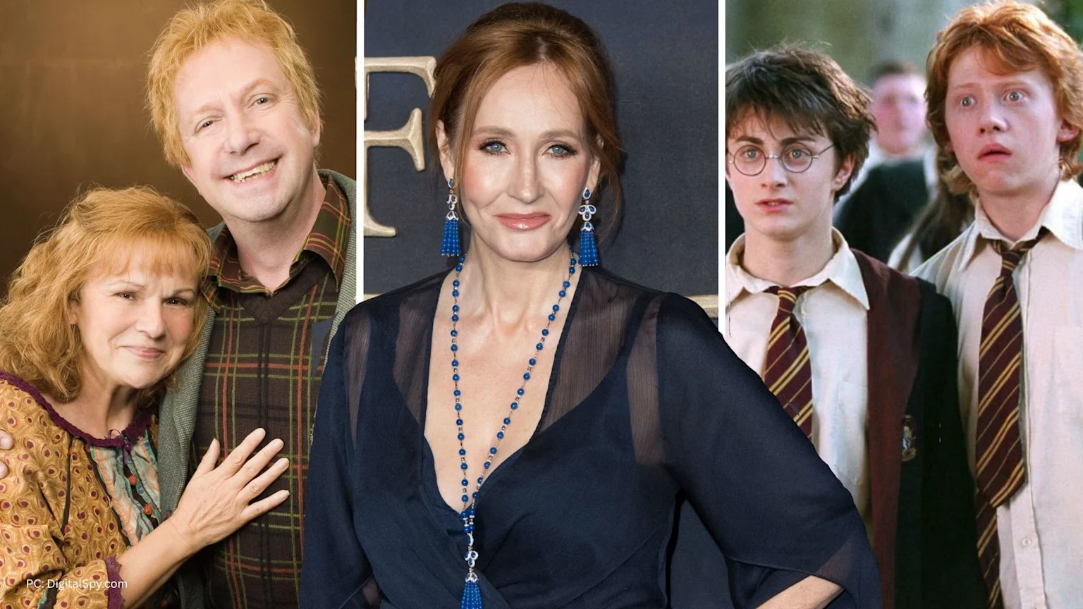 A collage features J.K. Rowling centrally, flanked by actors portraying Arthur and Molly Weasley on the left, and Daniel Radcliffe as Harry Potter and Rupert Grint as Ron Weasley on the right.