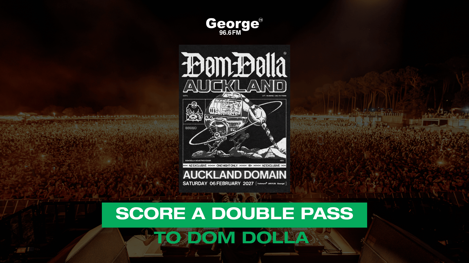 A poster for a Dom Dolla concert in Auckland is centered over a dark image of a massive crowd at a night music festival, with a green banner at the bottom offering a double pass and a George 96.6 FM logo at the top.