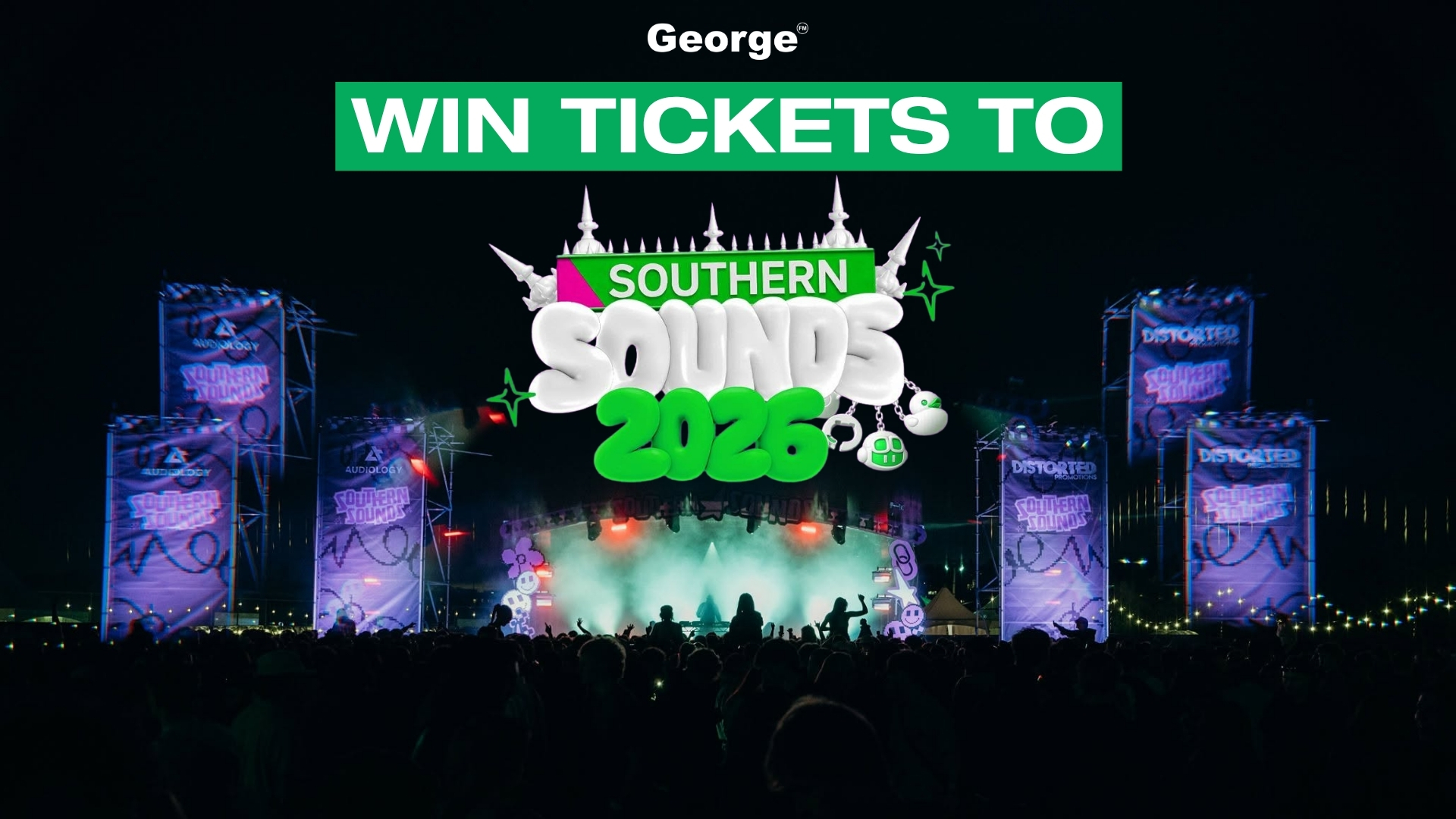A nighttime music festival scene with a crowd facing a lit stage and screens displaying "Southern Sounds," with an overlay "George® WIN TICKETS TO SOUTHERN SOUNDS 2026."