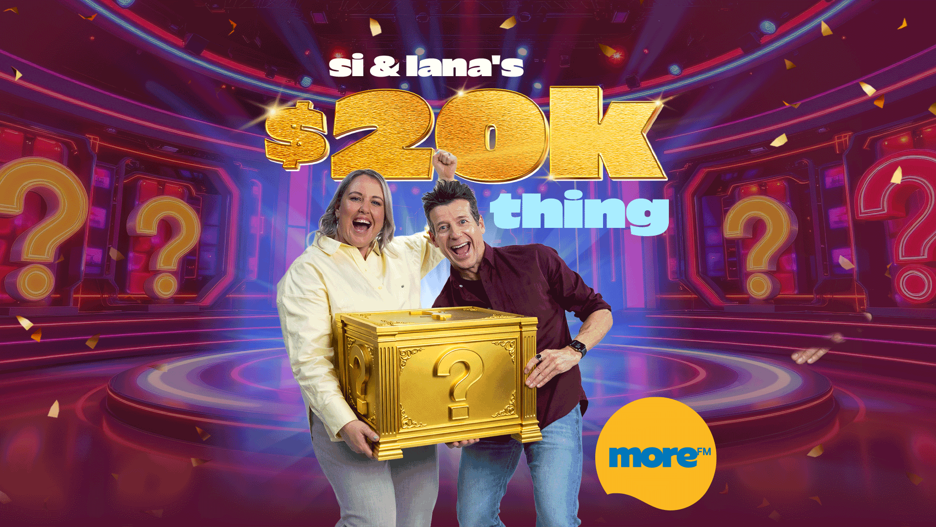 Two excited people, a woman and a man, hold a golden mystery box with question marks on a neon-lit stage, featuring "si & lana's $20K thing" and a "more" logo.