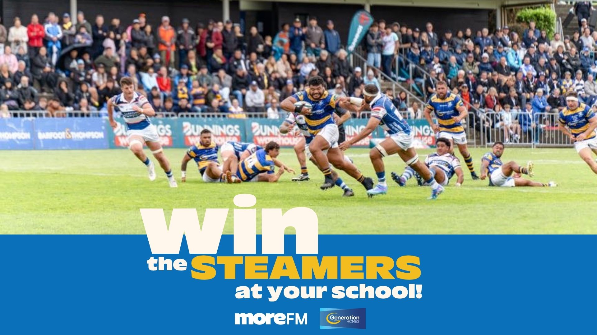 A rugby match in progress shows a player in a yellow and blue striped jersey running with the ball, surrounded by other players and spectators, with overlaid text "WIN the STEAMERS at your school!".