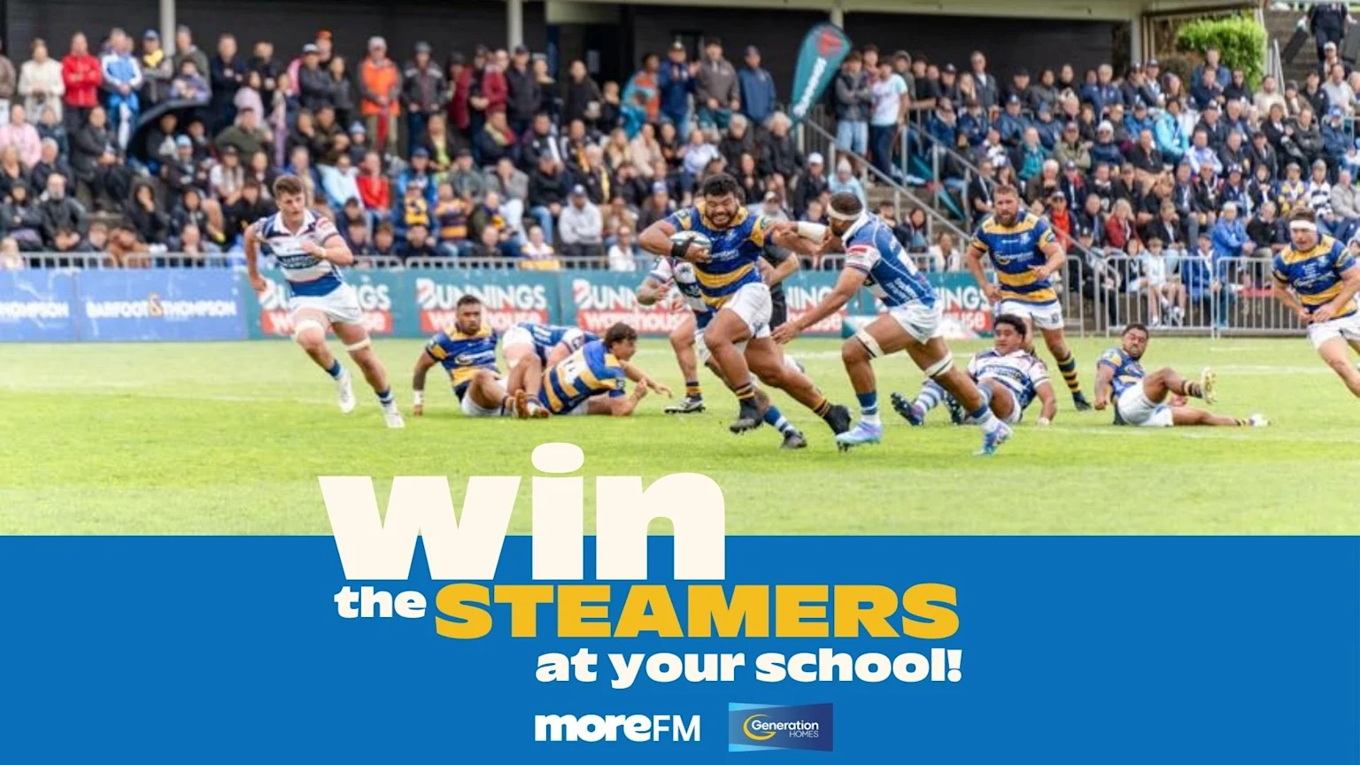 A rugby match in progress shows a player in a yellow and blue striped jersey running with the ball, surrounded by other players and spectators, with overlaid text "WIN the STEAMERS at your school!".