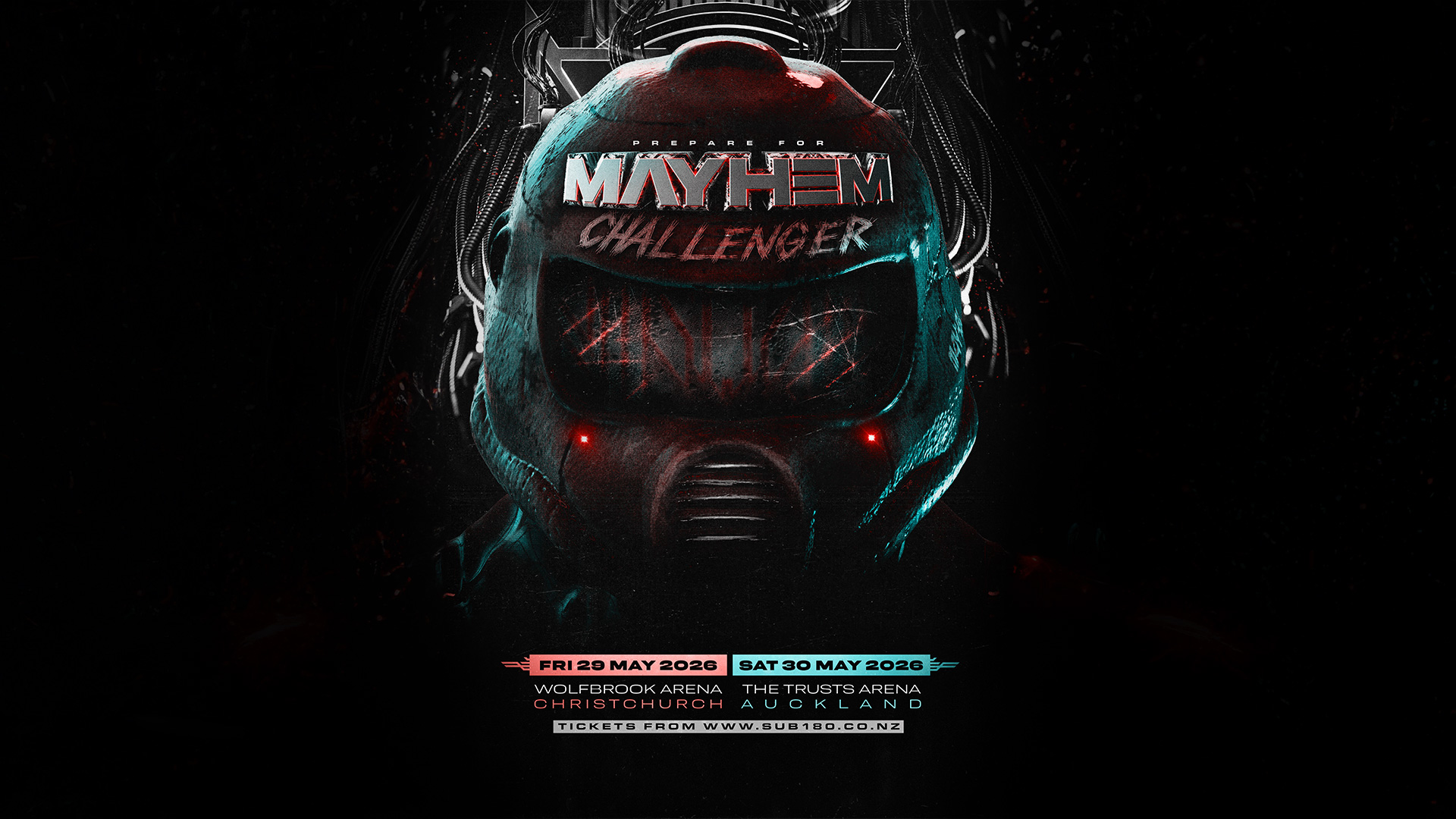 Mayhem Challenger event poster with dates