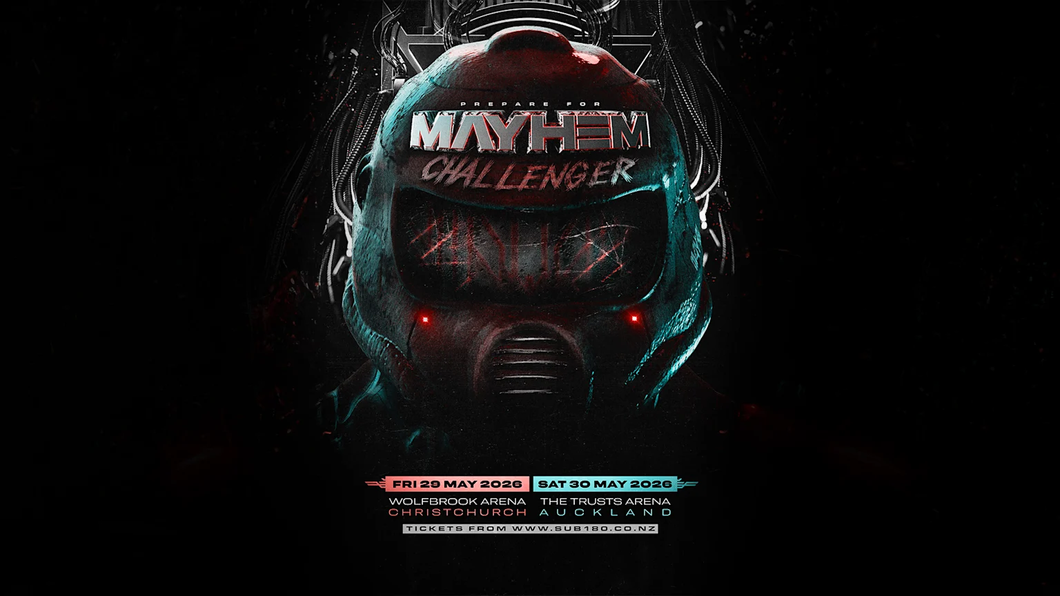 Mayhem Challenger event poster with dates
