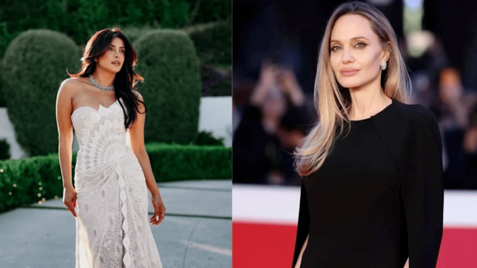 Priyanka Chopra in a white strapless gown on the left and Angelina Jolie in a black top with blonde hair on the right are shown in a split image.