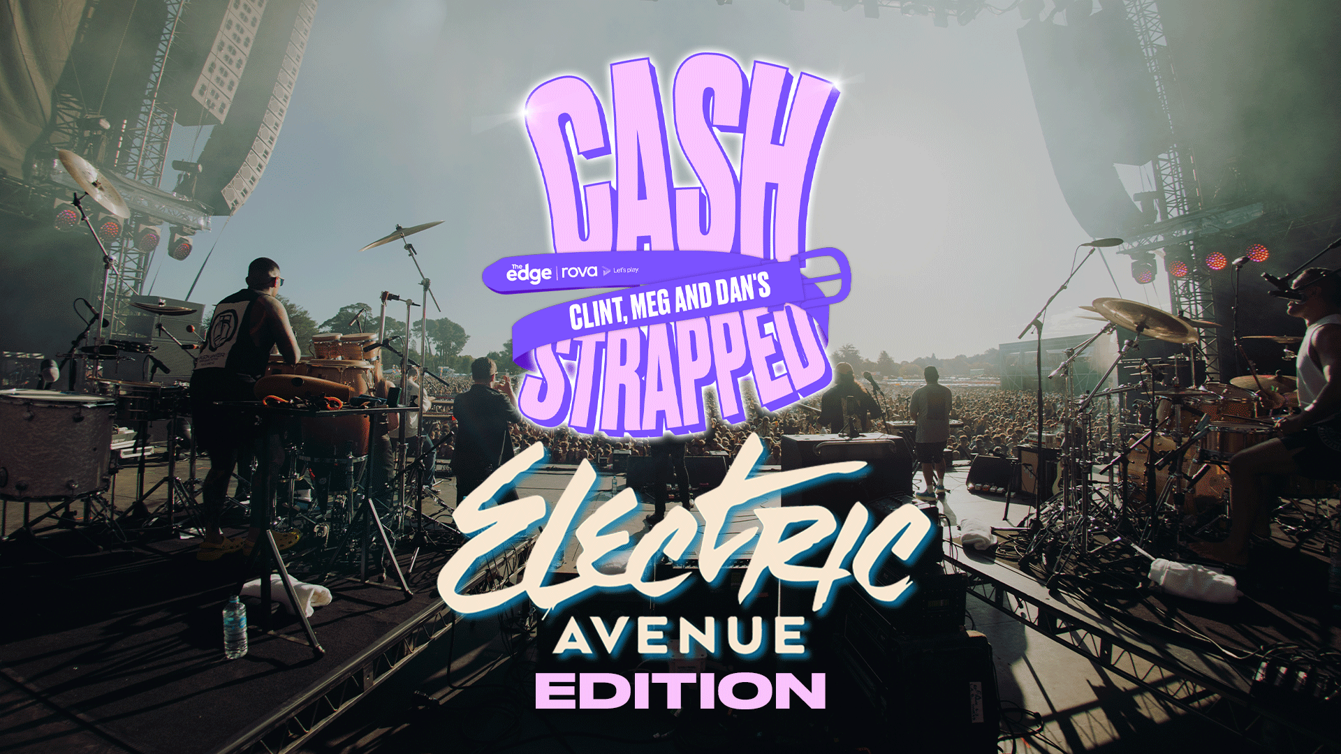 Electric Avenue concert stage view with The Cash Strapped lockup with the Electric Avenue logo beneath.