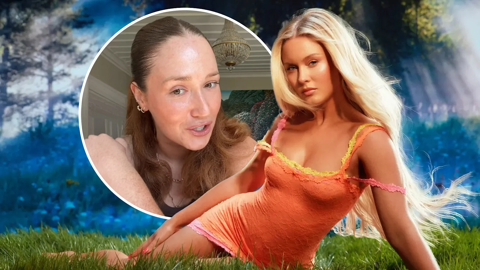 A composite image featuring a blonde woman with long, flowing hair, wearing an orange lace mini-dress, reclining on green grass in a dreamy, blue-toned forest setting with shafts of light. Overlaid in a circular frame is a brown-haired woman with an open mouth, appearing to speak, in an indoor setting with a chandelier visible.
