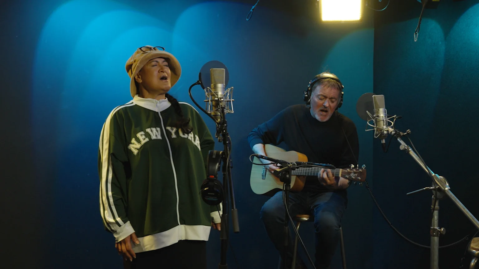 Annie Crummer and Nick Sampson singing in The Breeze Studio