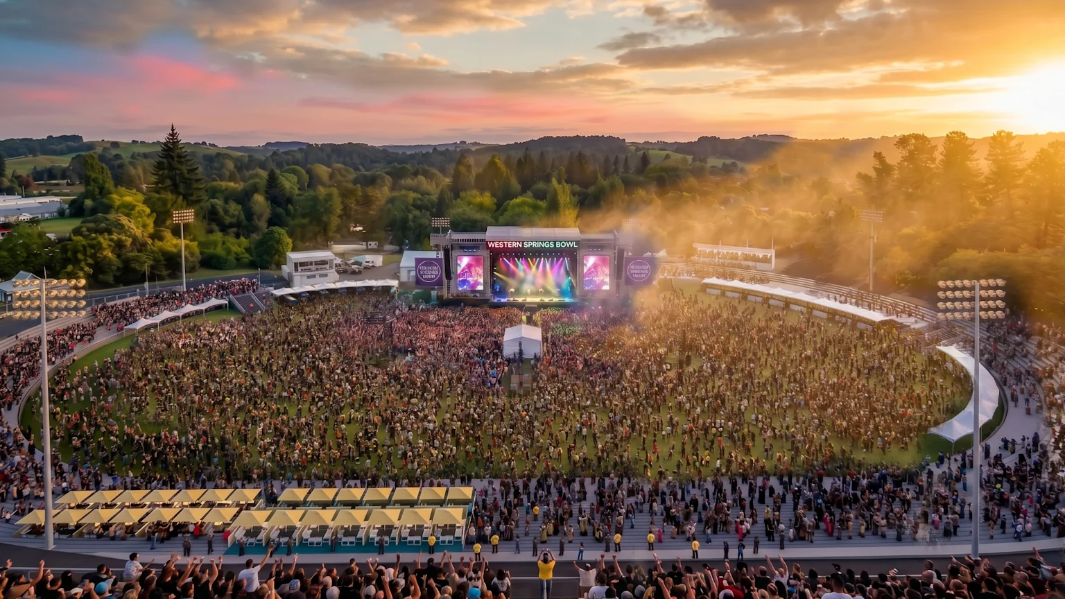 An aerial view of the Western Springs Bowl during a vibrant sunset concert, showing a large crowd filling the stadium and field around a brightly lit stage.