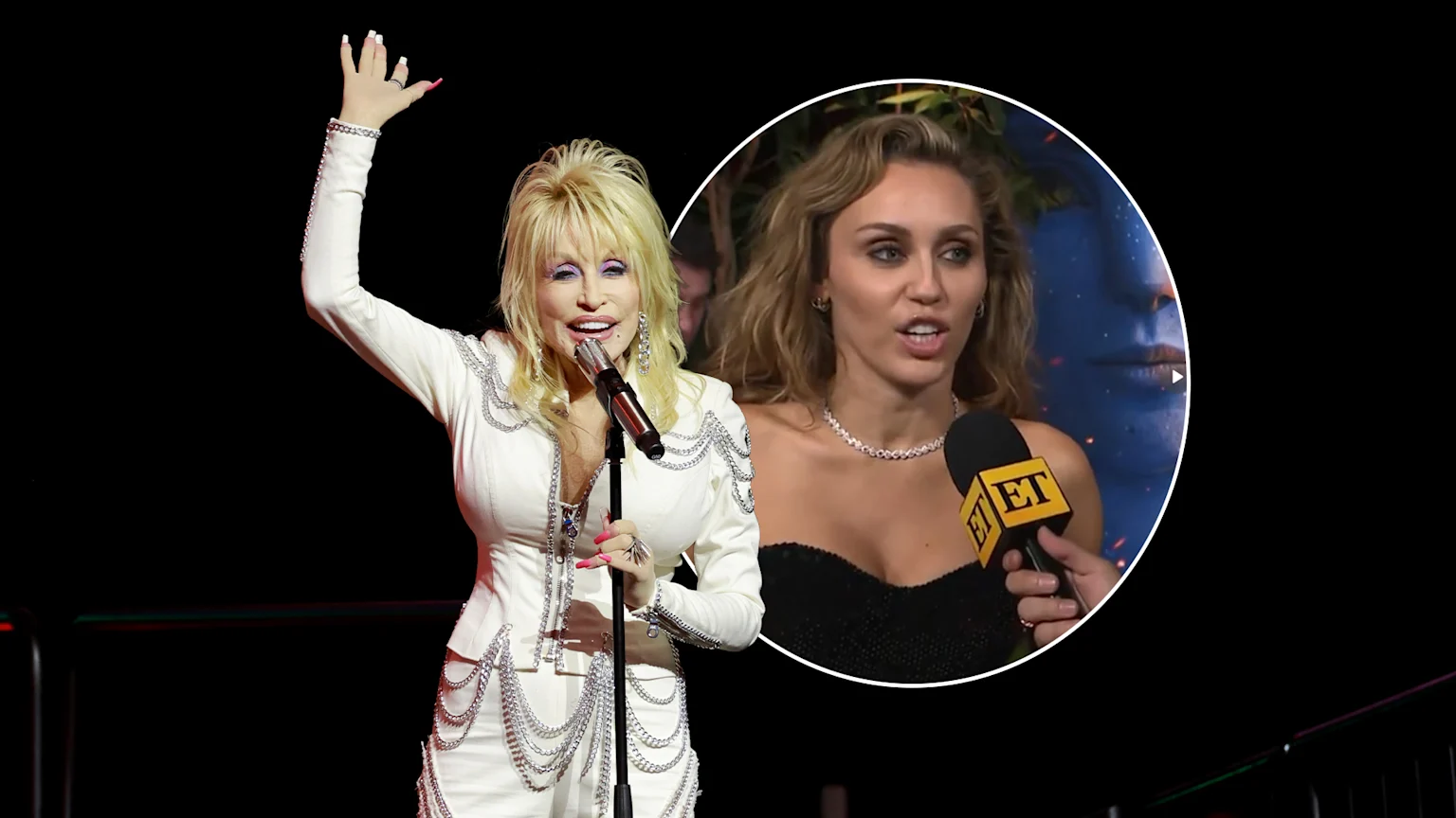 Picture of Dolly Parton performing next to a pic of Miley Cyrus talking to a microphone.