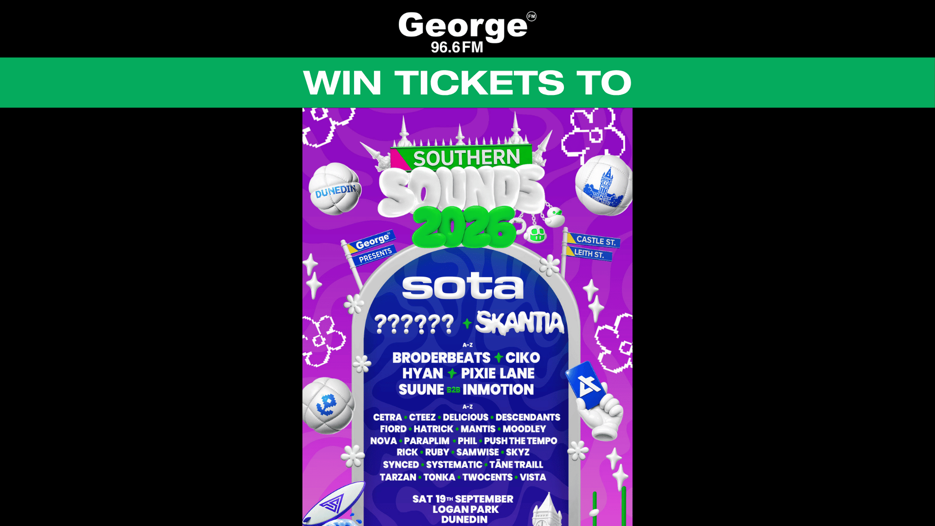 A colorful music festival poster for Southern Sounds 2026, presented by George 96.6FM, announces a lineup of DJs for September 19th at Logan Park, Dunedin, with a green banner at the top saying "WIN TICKETS TO".