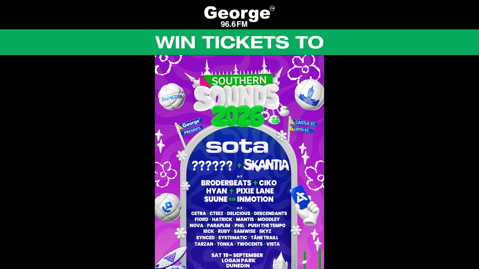 A colorful music festival poster for Southern Sounds 2026, presented by George 96.6FM, announces a lineup of DJs for September 19th at Logan Park, Dunedin, with a green banner at the top saying "WIN TICKETS TO".