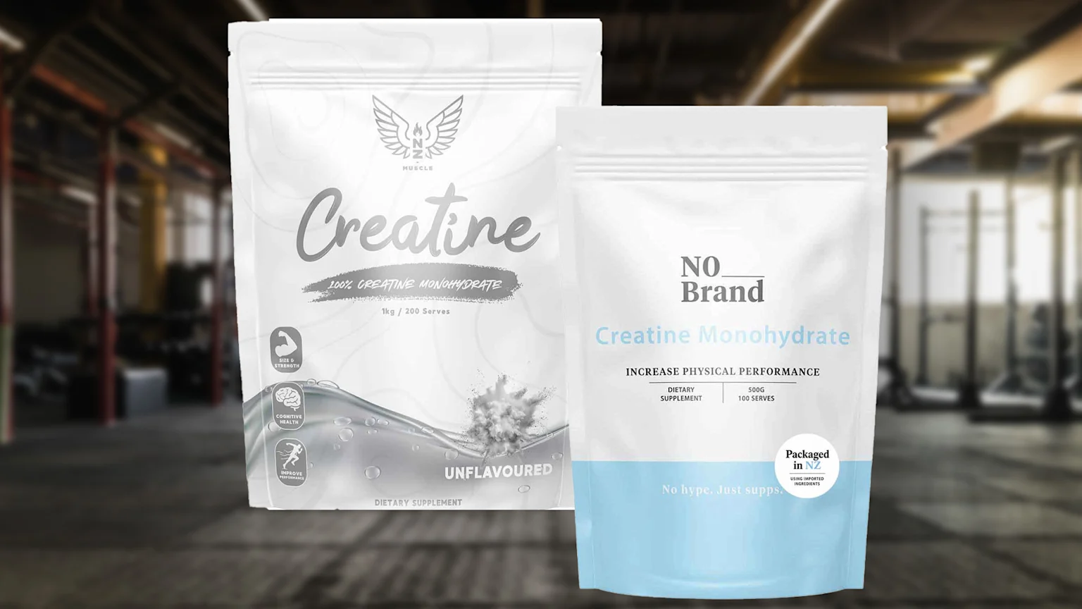 Two white creatine supplement pouches, one from NZ Muscle and another "NO Brand," are displayed in front of a blurred gym interior.
