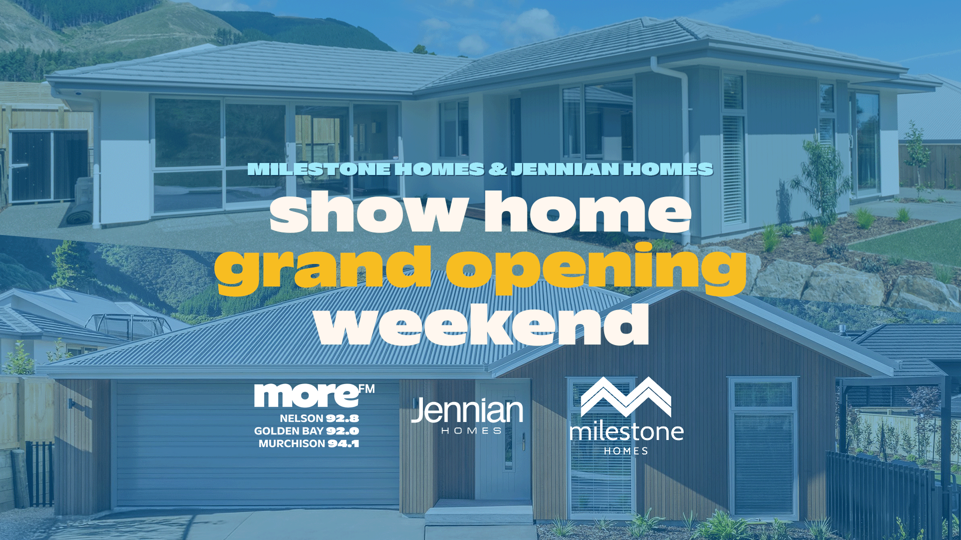 Two modern show homes, one grey and one one brown, are overlaid with text announcing "Milestone Homes & Jennian Homes show home grand opening weekend" and their respective logos.