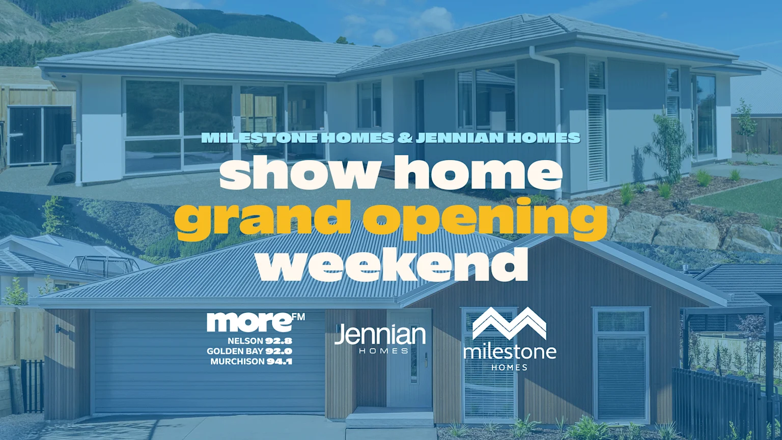 Two modern show homes, one grey and one one brown, are overlaid with text announcing "Milestone Homes & Jennian Homes show home grand opening weekend" and their respective logos.