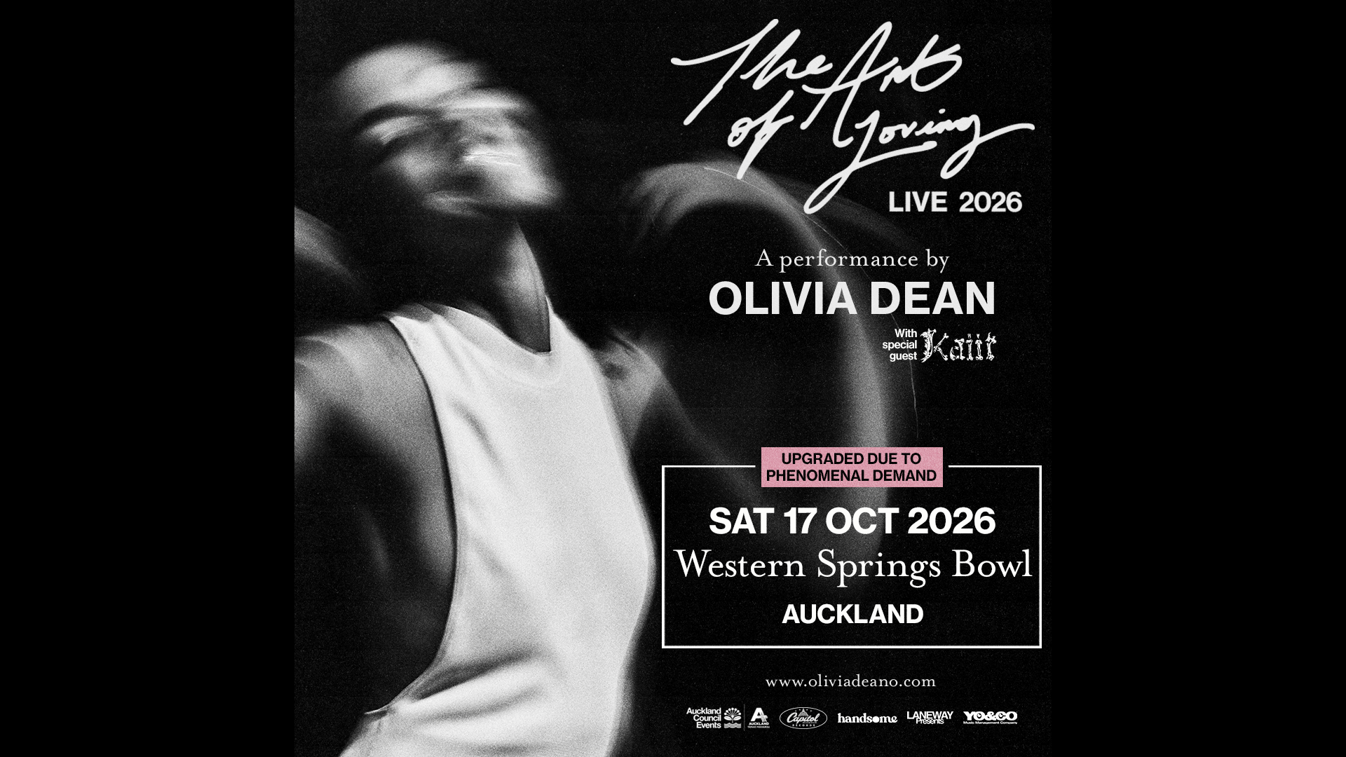 A black and white concert poster for Olivia Dean's "The Arts of Loving LIVE 2026" tour, featuring a blurred image of a person and details for her upgraded show at Western Springs Bowl, Auckland on Sat 17 Oct 2026 with special guest Kaiit.
