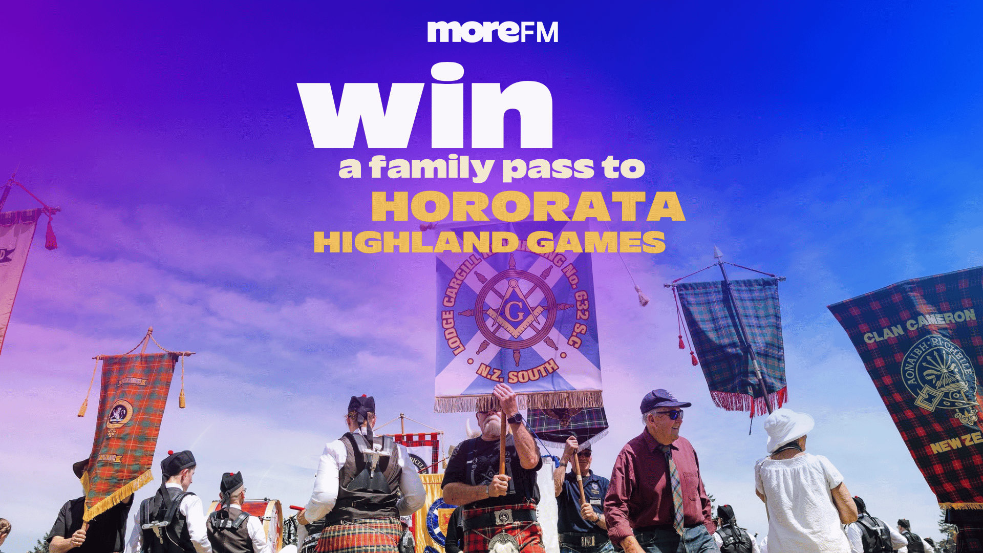 People in traditional Scottish attire carry flags, including a 'Clan Cameron' tartan flag, at an outdoor event under a blue sky, with text overlay 'Win a family pass to HORORATA HIGHLAND GAMES'.