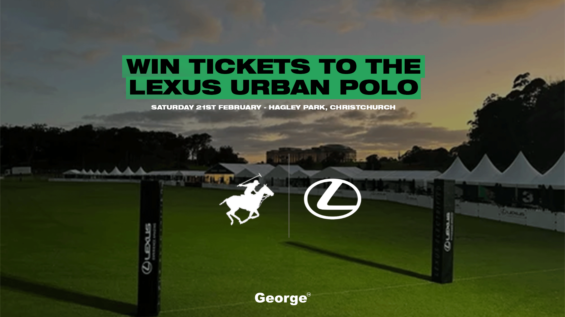 Promotional image for the Lexus Urban Polo event held on Saturday 21st February at Hagley Park, Christchurch. Features a grassy polo field, white event tents, branded polo goal posts, a distant classical building, and Lexus logos with the slogan 'Experience Amazing' at sunset.