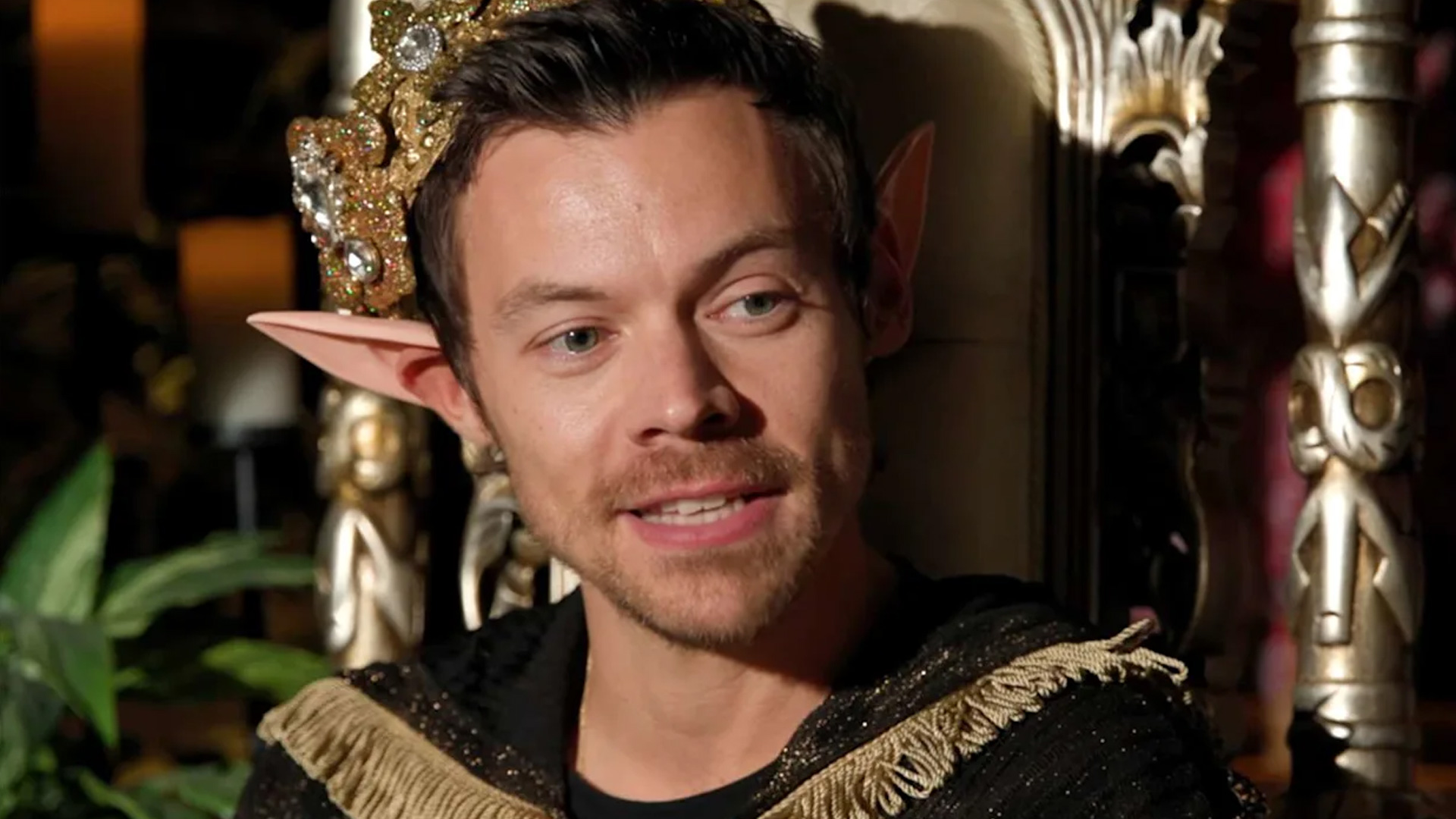 Close-up of Harry Styles, a young man with brown wavy hair, green eyes, and light facial hair, looking at the camera against a blue background with white letters "AN" on the left.