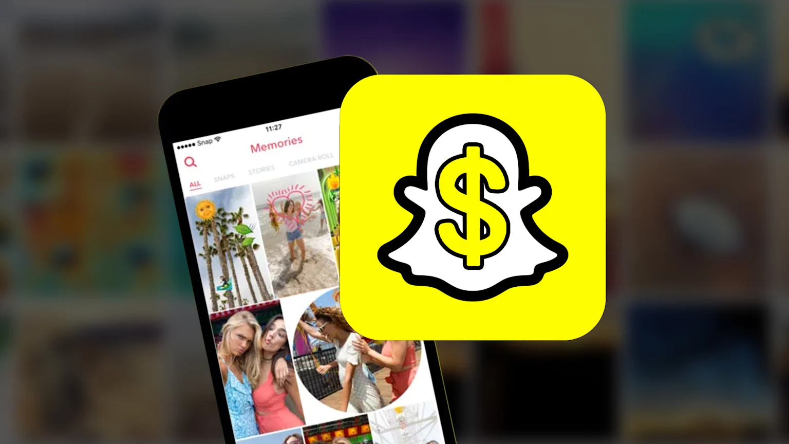Snapchat Memories on a phone overlayed by the app logo with a dollar sign