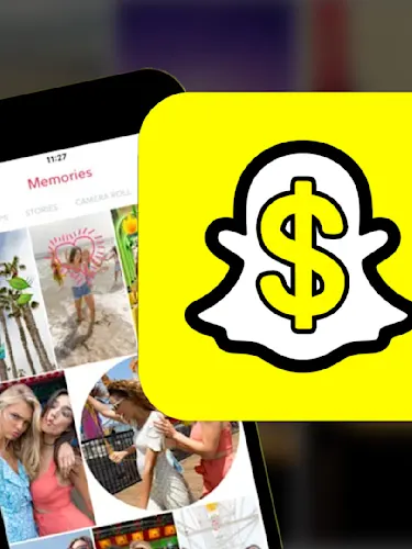 Snapchat Memories on a phone overlayed by the app logo with a dollar sign