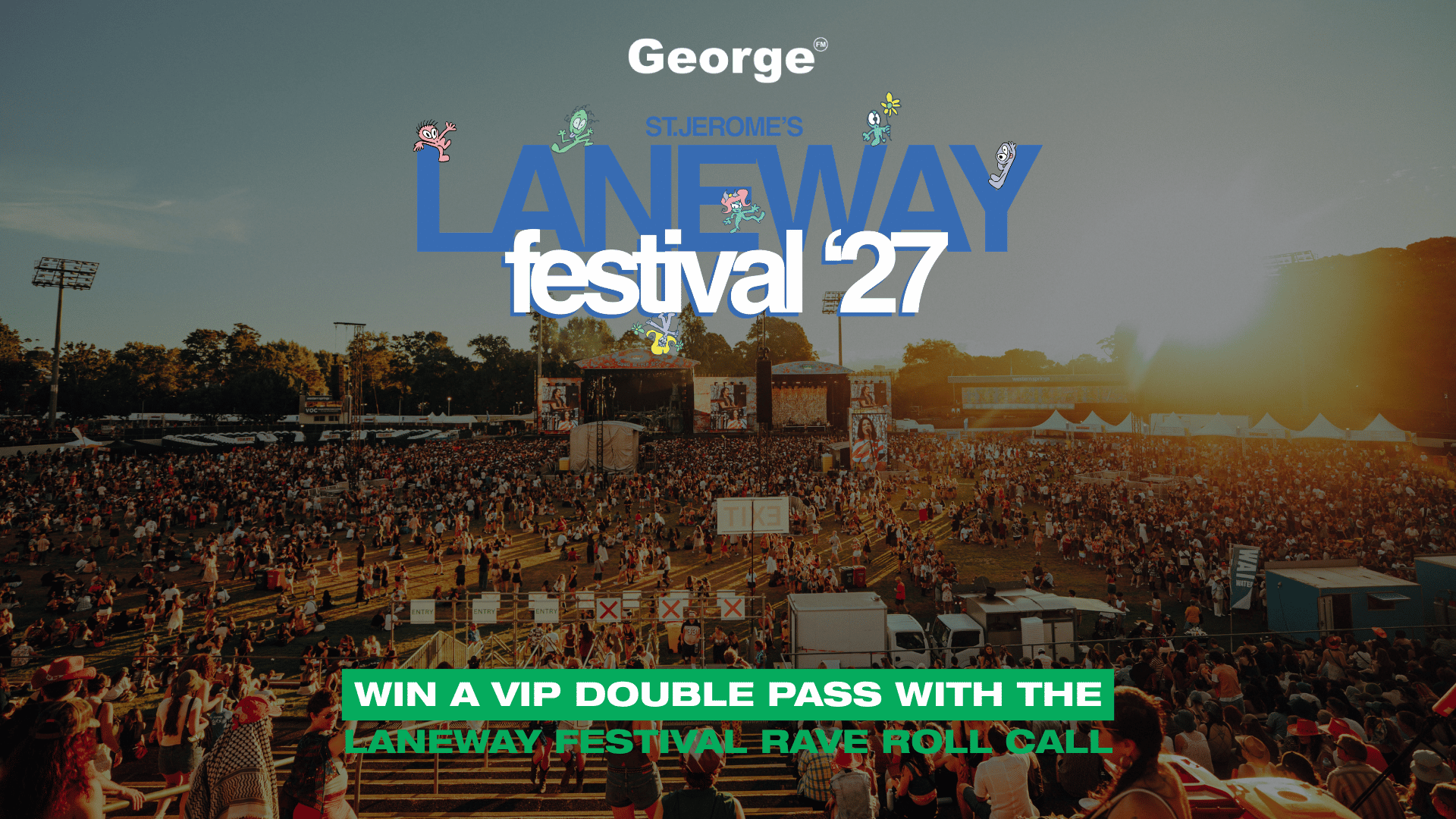 A wide shot of a large outdoor music festival crowd under a sunset, with a stage and prominent overlay text for 'Laneway Festival '27' and a VIP pass giveaway.
