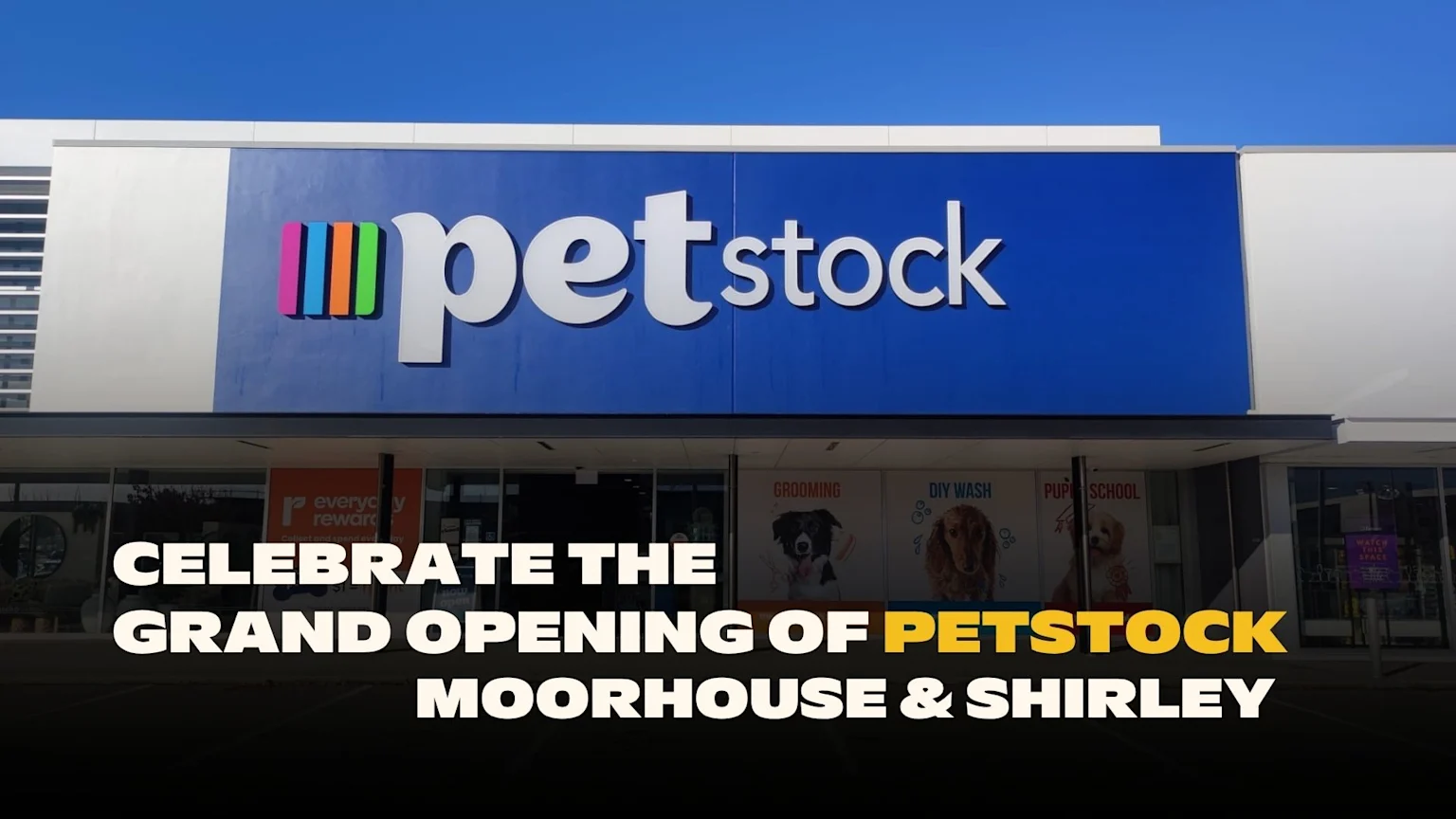 A blue Petstock store facade with its colorful logo and white text, advertising grooming, DIY wash, and pup school, overlaid with text celebrating the grand opening of Petstock Moorhouse & Shirley.