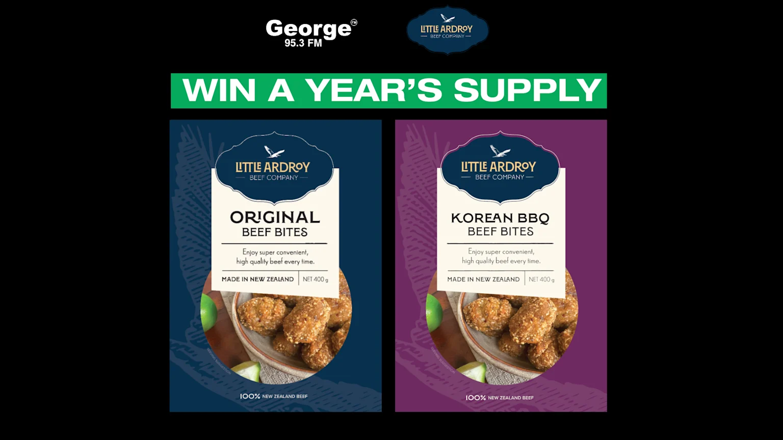 An advertisement shows the George 95.3 FM and Little Ardroy Beef Company logos, a "WIN A YEAR'S SUPPLY" banner, and two packages of Little Ardroy Original and Korean BBQ Beef Bites.