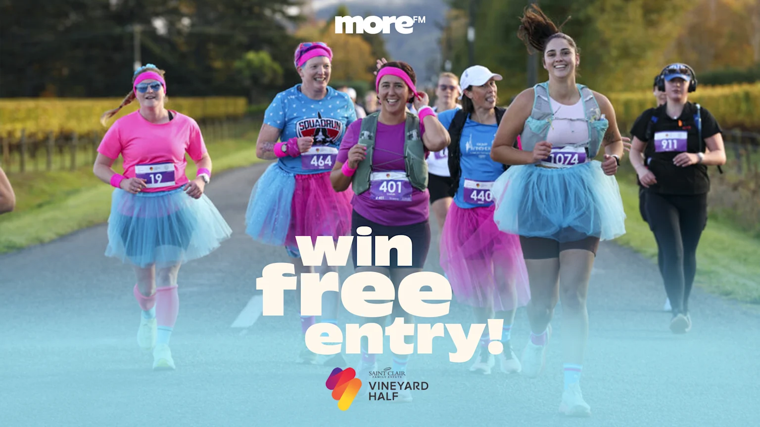 Runners in tutus at Saint Clairs Vineyard Half race. "Win Free Entry" with More FM Marlborough