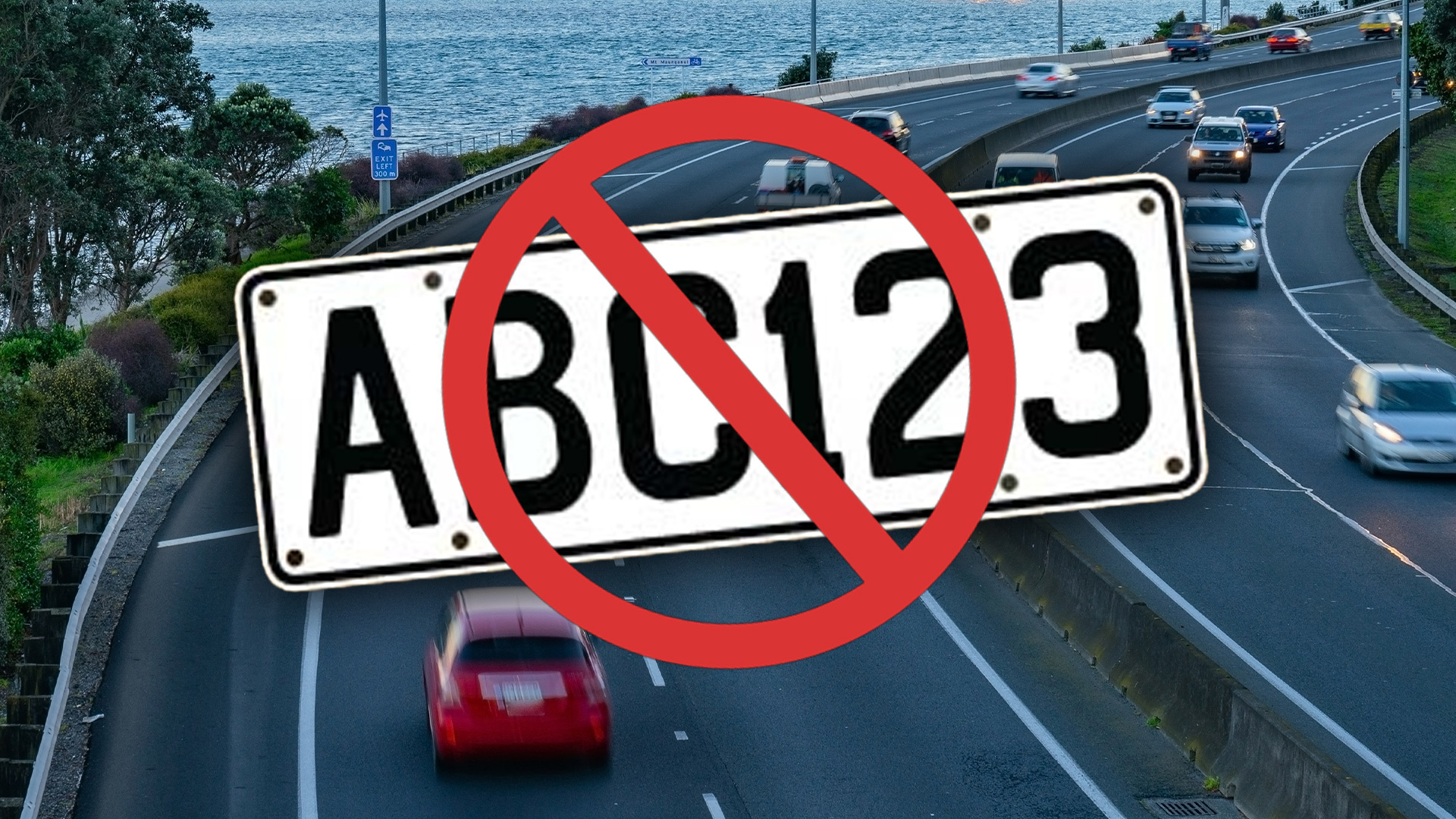 A red no symbol is overlaid on a white license plate with "ABC123" text, set against a highway with moving cars and a body of water.