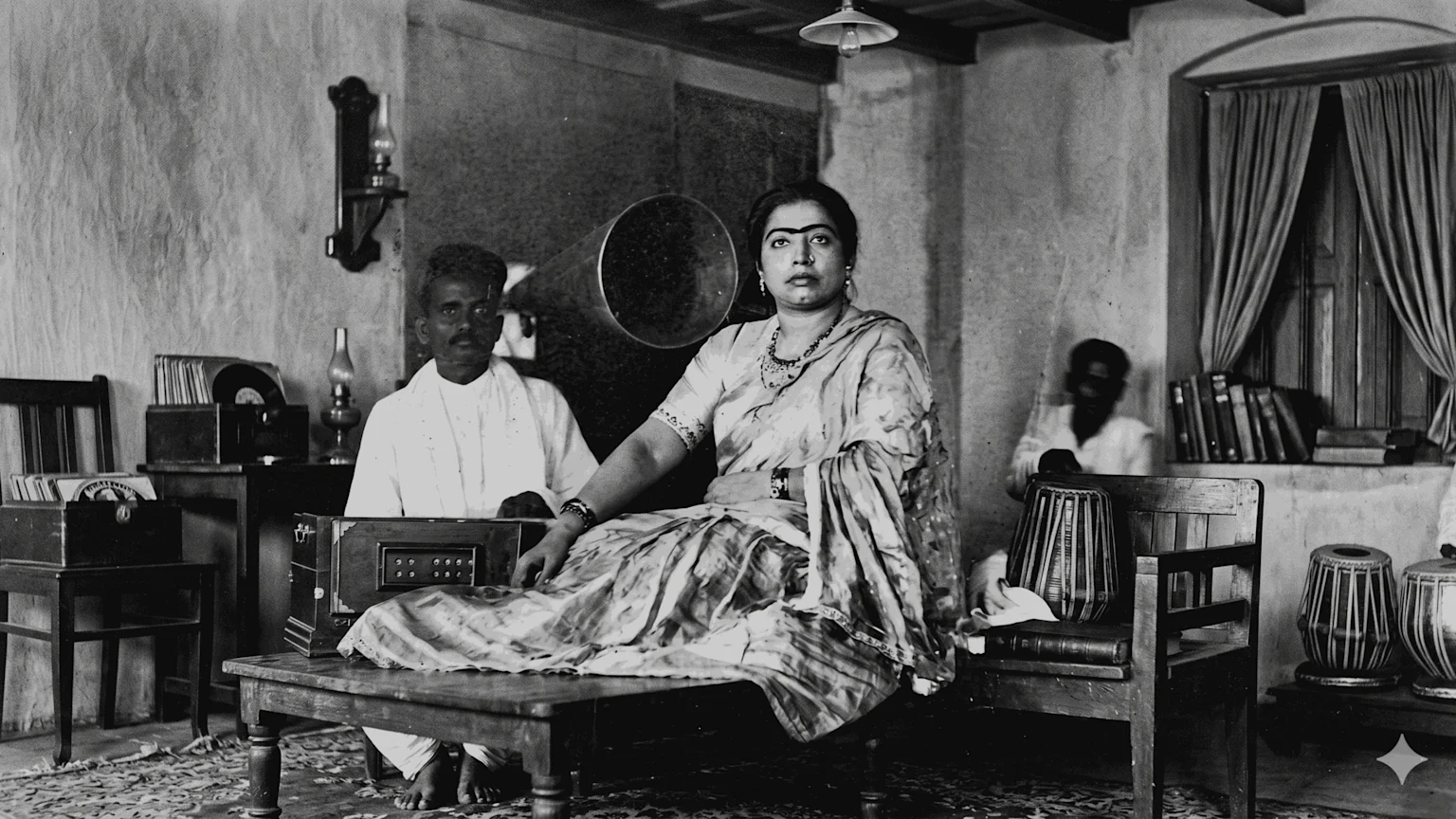 Gauhar Jaan sits with a harmonium, a large gramophone horn behind her, and two musicians and tablas in a room with records.