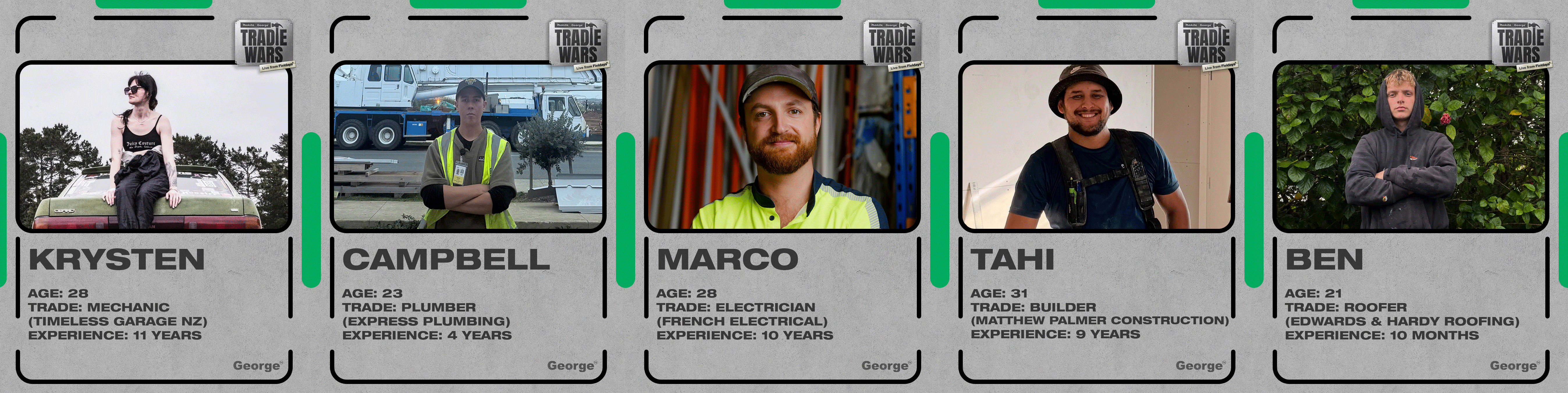 Five vertical panels display diverse tradespeople from "Tradie Wars" with their photos, names, ages, trades, and years of experience, on a textured grey background.