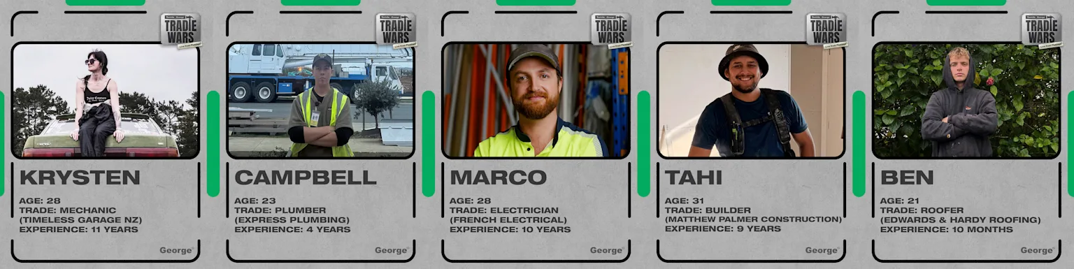 Five vertical panels display diverse tradespeople from "Tradie Wars" with their photos, names, ages, trades, and years of experience, on a textured grey background.