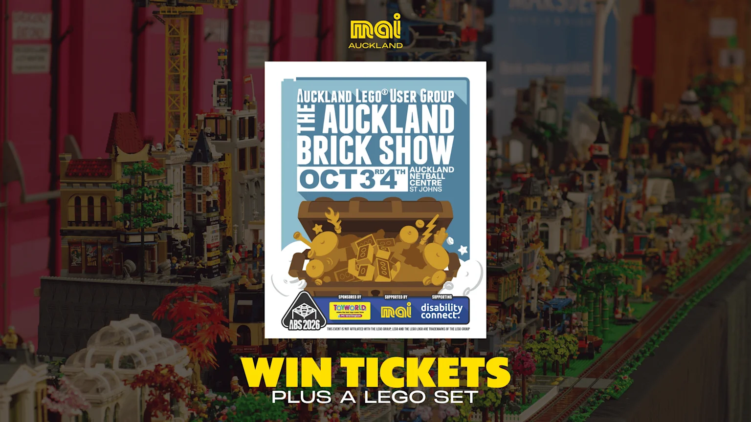 A promotional image shows a poster for "The Auckland Brick Show" on Oct 3rd-4th, featuring a treasure chest graphic and the Mai Auckland logo, over a blurred background of a large LEGO city, with "Win Tickets Plus a LEGO Set" text.