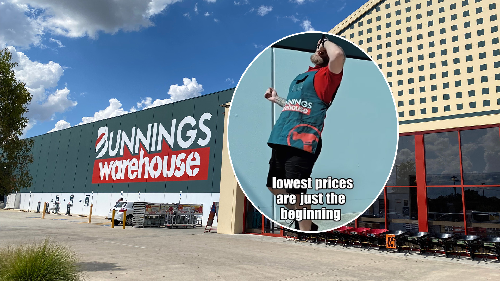 A Bunnings Warehouse store with its logo and parking lot, partially overlaid by a circular image of a man in a Bunnings apron looking up, with text "lowest prices are just the beginning".