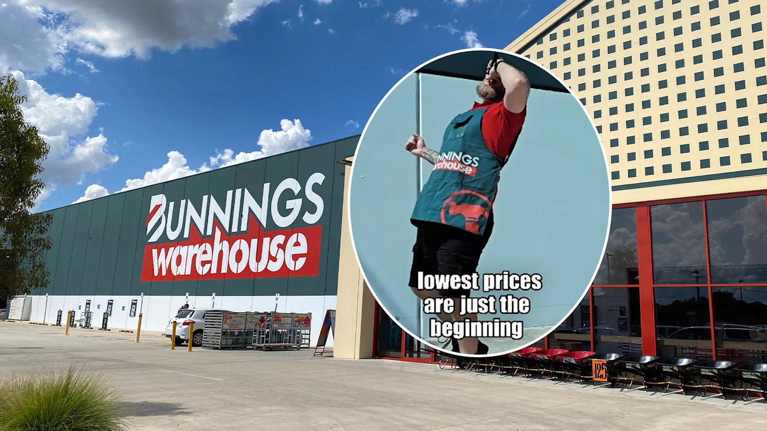 A Bunnings Warehouse store with its logo and parking lot, partially overlaid by a circular image of a man in a Bunnings apron looking up, with text "lowest prices are just the beginning".
