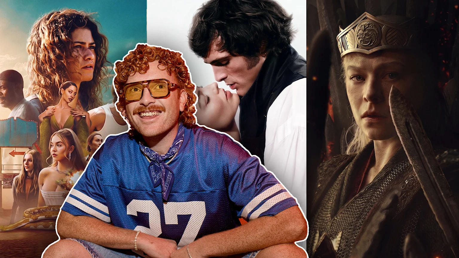 A smiling man with ginger hair, yellow glasses, and a blue jersey is outlined in white, overlaid on a collage of movie posters including a woman with curly hair, a couple kissing, and a woman with a crown and sword.
