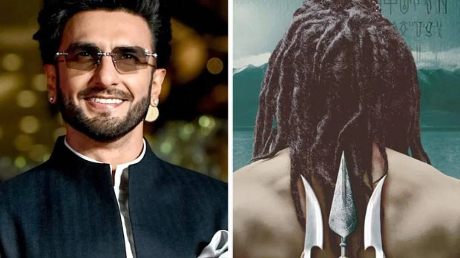 A split image shows actor Ranveer Singh smiling with sunglasses and earrings on the left, and on the right, the back of a person with dark dreadlocks and a trident against a blue-green background.