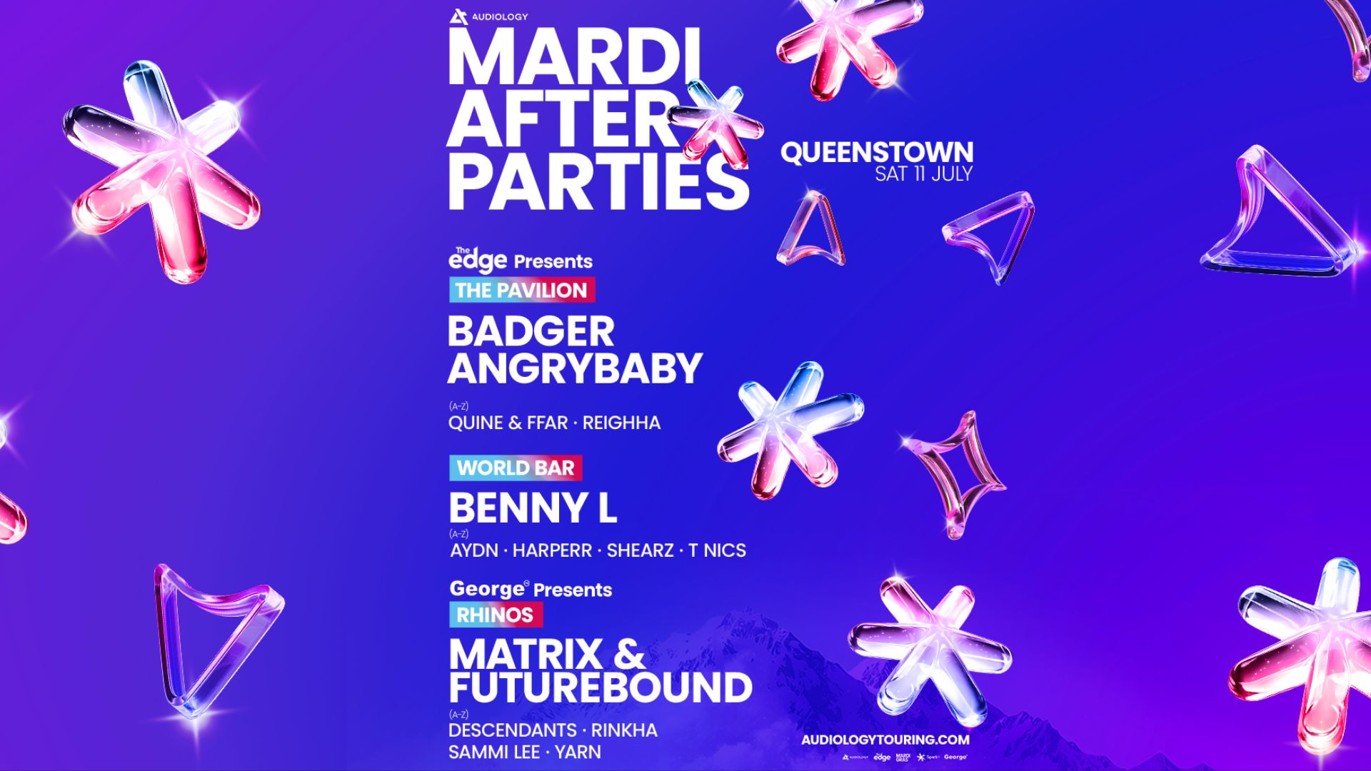 A vibrant Mardi After Parties event poster for Queenstown on July 11, detailing performers like Badger and Angrybaby at The Pavilion, set against a purple gradient with glossy geometric shapes.