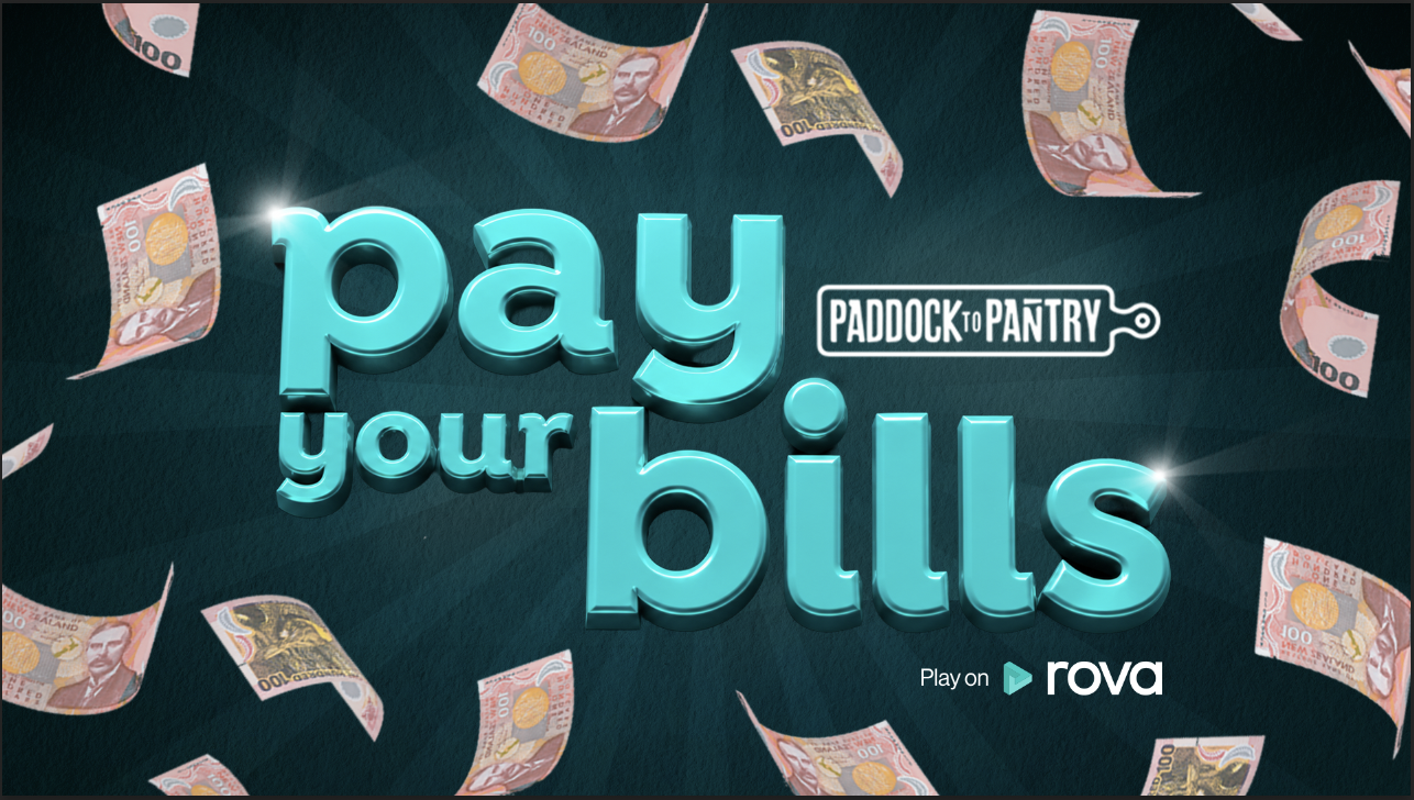 Large 3D teal text reads "pay your bills" with glowing highlights, surrounded by many floating New Zealand 100 dollar bills on a dark teal background, featuring "PADDOCK TO PANTRY" and "Play on rova" logos.