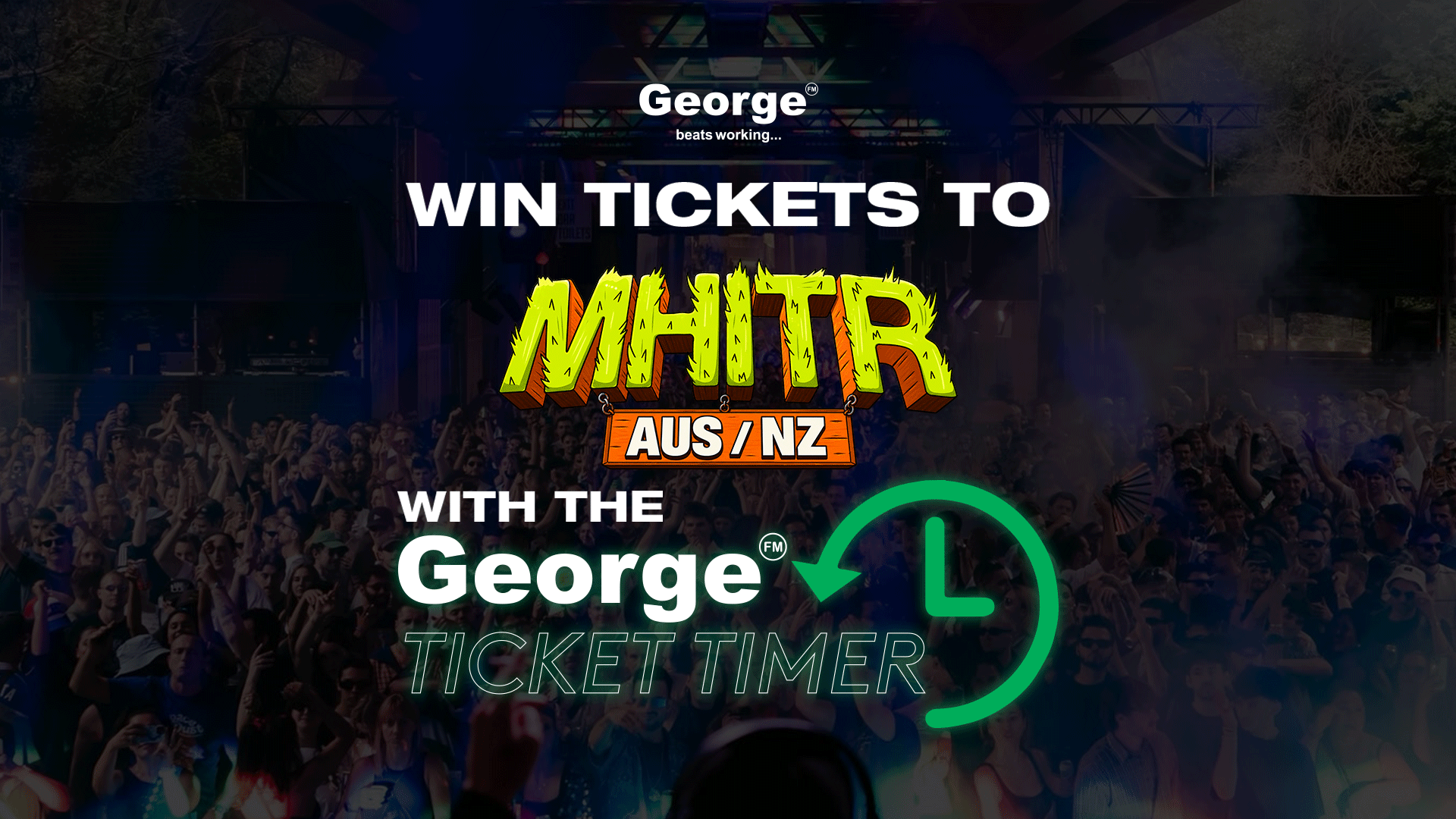 Promotional image for winning tickets to MHTTR AUS/NZ via the George Ticket Timer, set against a backdrop of a lively concert crowd.