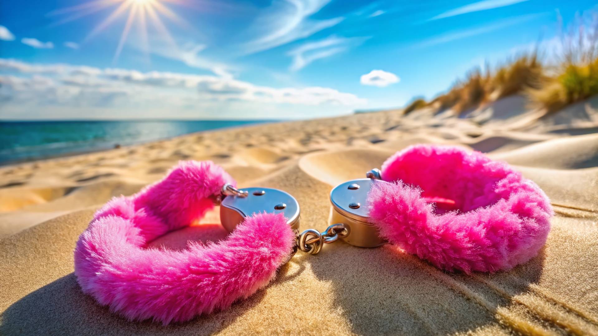 Pink fluffy handcuffs on sunny beach
