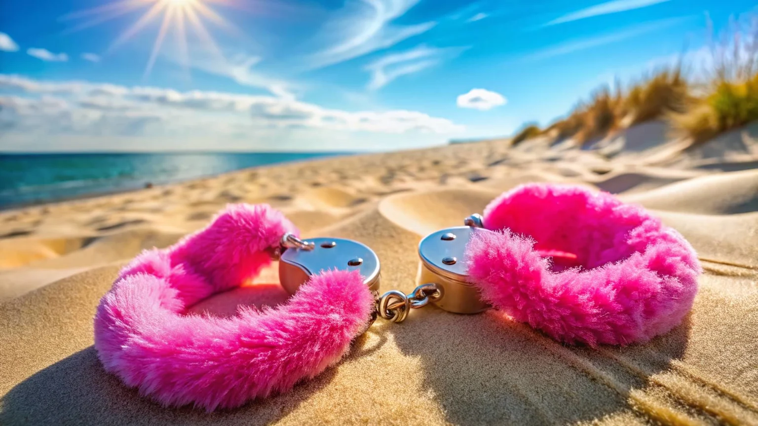 Pink fluffy handcuffs on sunny beach