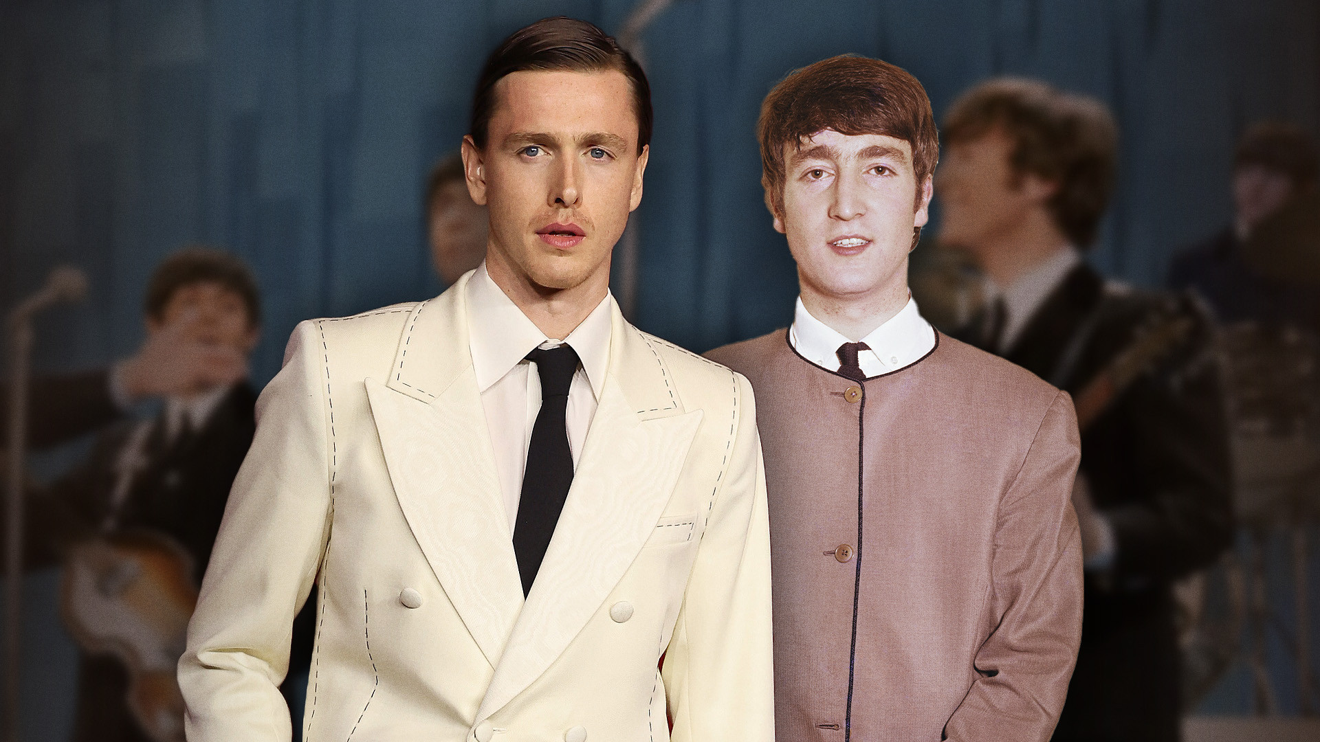 Harris Dickinson poses in suit overlayed next to image of John Lennon wearing suit 