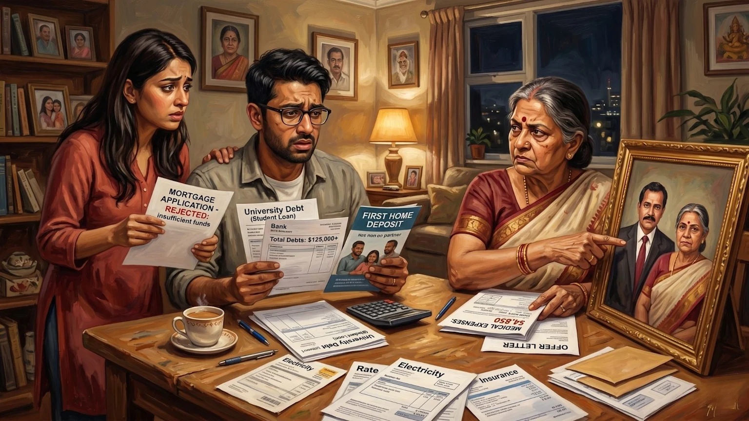 An Indian family, consisting of a young couple and an older woman in a sari, sits at a table cluttered with financial documents like a rejected mortgage application and student loan bills, as the elder woman points to a framed photo.
