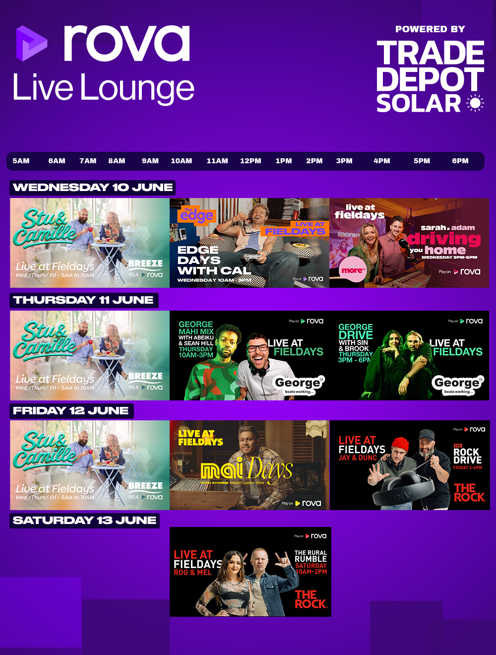A rova Live Lounge schedule from June 10-13, powered by Trade Depot Solar, listing various radio shows broadcasting live from Fieldays with images of the hosts.
